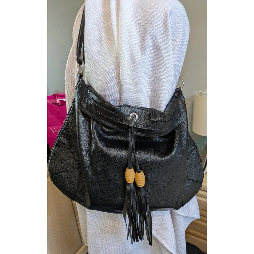 Elen Gotti Black Italian Leather Large Hobo Bag With Tassels